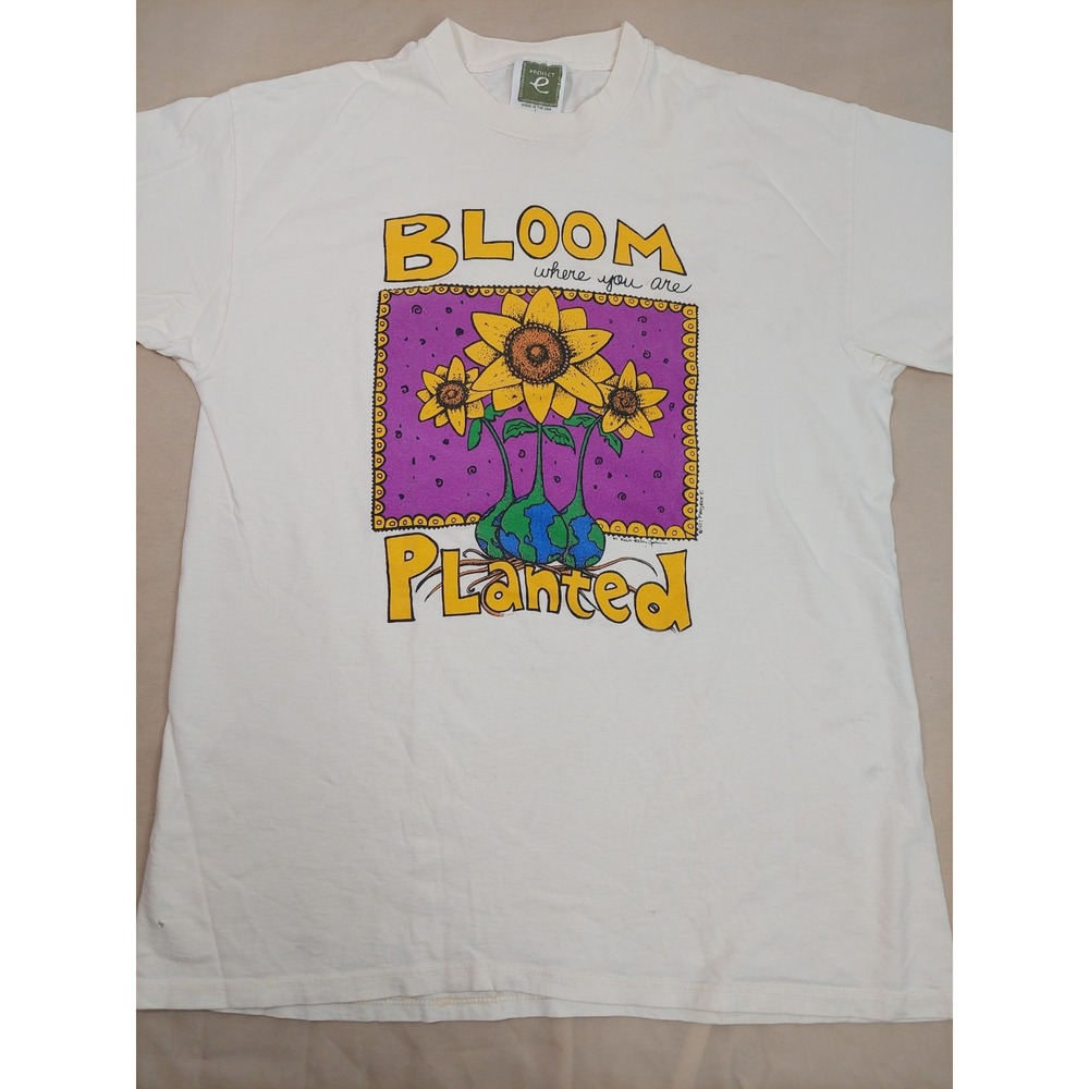 Vintage White T-Shirt Single Stitch USA Sunflower Earth Nature Graphic Y2K Large